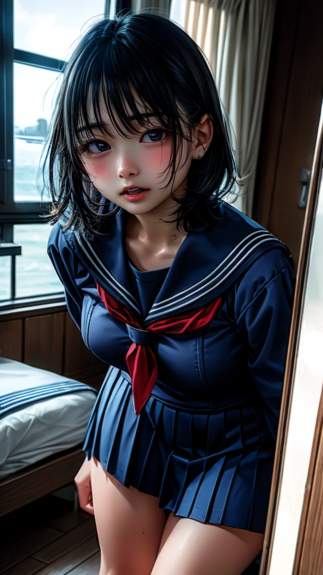 Sailor suit,Black Hair,Short Hair,See-through,Lace fabric,Off the shoulder,Cleavage,From below,On all fours:1.5,hotel room with bed,Tokyo night view,Open your legs 180 degrees,M-shaped legs,Embarrassed face,Tie your wrists