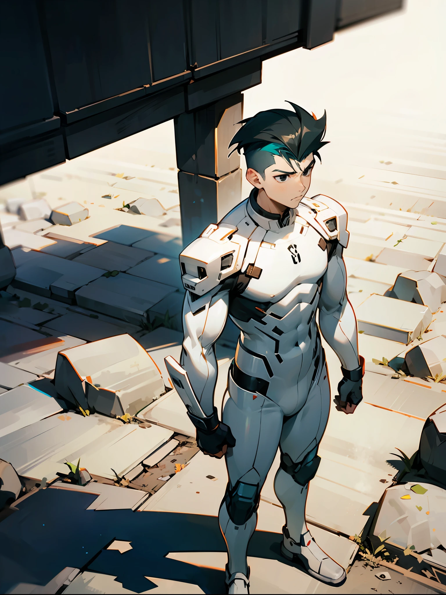 Anime - style image of a man in a white suit standing on a sidewalk ...
