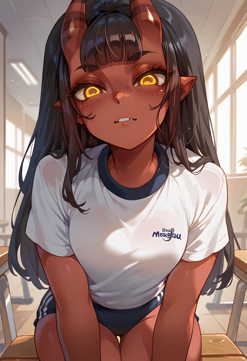 Meru the sucubus, red skin, horns, sucubus, yellow eyes, black hair, freckles on the face, long hair, schoolar gym uniform, withe tshirt, black buruma 