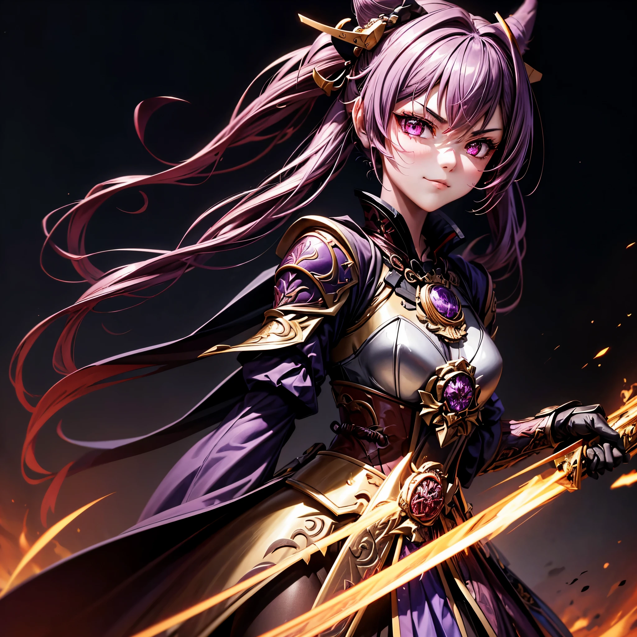 best quality,4K,high resolution),Ultradetailliert,realistisch,portrait, Lila Samurai Sukkubus mit einen katana dunkelrotem Haar, a purple-dark red armor with gold neon lights with gold trim and glowing red eyes, Leuchtende Farben, delicate features, seductive glance, Charming smile, wallende Haare, sanfte Beleuchtung