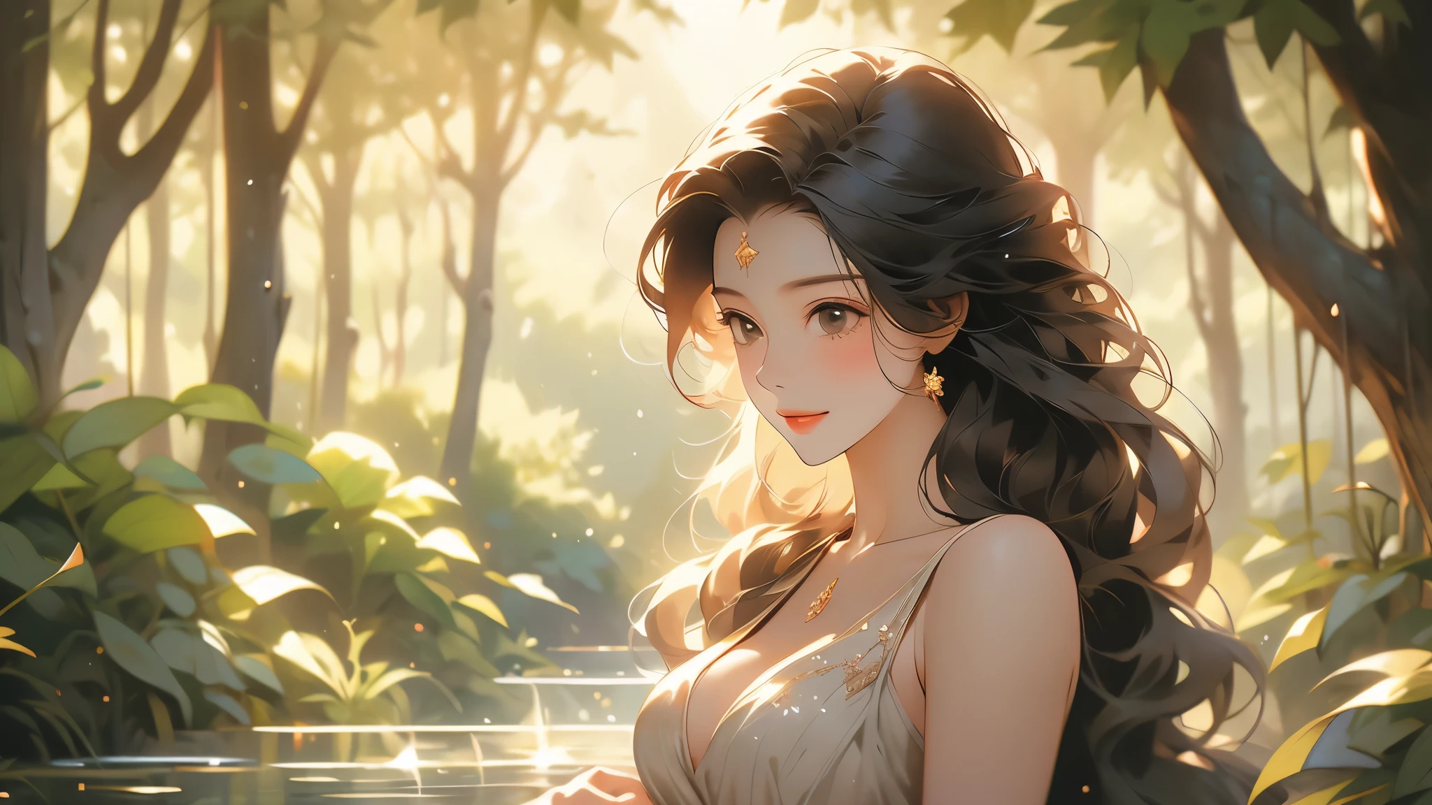 Anime girl in a dress standing in a forest with a pond - SeaArt AI
