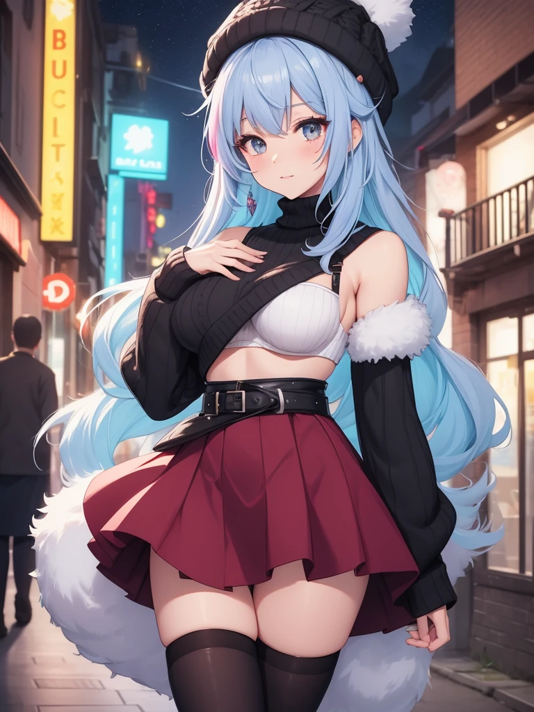 absurdres, furry, female furry, anthro, trending on artstation, uploaded on e621, detailed portrait of a anthro woman, extreme detail, detailed fluffy fur, full body, blushing, detailed eyes, (shaded), (detailed lighting), (cinematic lighting), (masterpiece, hi res, RAW photo, high resolution, high details, best quality), high definition, (high sharpness:1.3), rabbit ears, rabbit tail, navy blue fur, long_hair, sidelocks, low twintails, sky_blue_hair, hair_between_eyes, pink_colored_streaked_eyes, (black light armor embroidered in aqua light:1.1), (black torn short cloak embroidered in red light:1.2), high-waist sideboob, cleavage, ferris_wheel, Pretending to be a superhero in flight