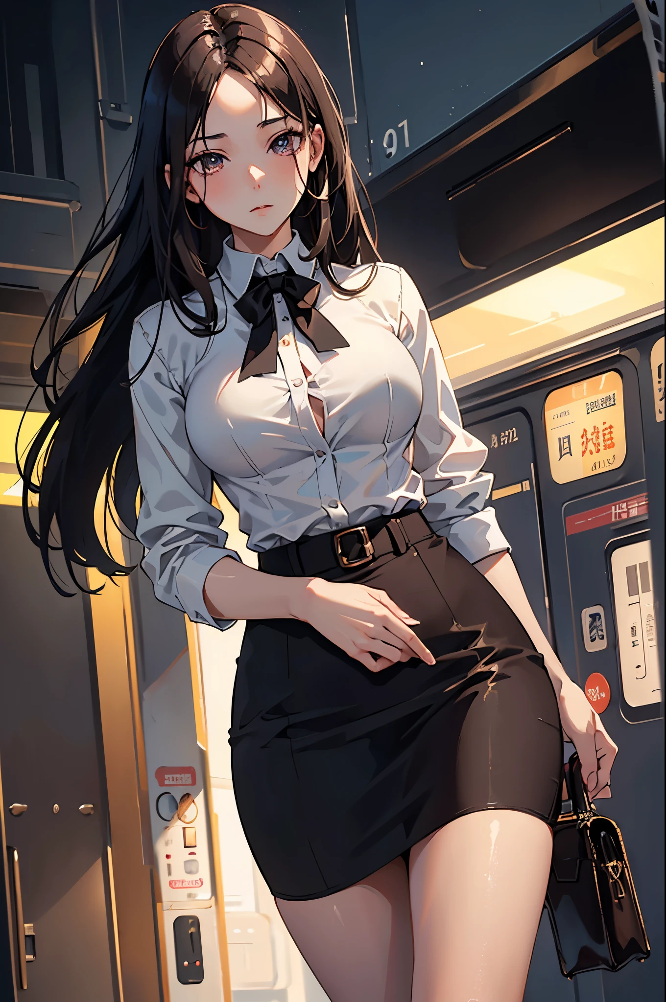 ((Highest quality)),(超High resolution),(Very detailed),(Detailed Description),((The best CG)),(masterpiece),Ultra-detailed art、(Highest quality、8k、32K、masterpiece)、(Realistic)、(Realistic:1.2)、(High resolution)、Very detailed、((Very beautiful face and eyes、Chignon:1.6))、1 female、((Woman working at a department store:1.3))、Tight waist、Delicate body、(Highest quality、Attention to detail、Rich skin detail)、(Highest quality、8k、Oil paints:1.2)、Very detailed、(Realistic、Realistic:1.37)、Bright colors、"((Fitted burgundy jacket。Jacket has metallic buttons、Elegant details on the cuffs and collar、Below is the、White blouse。A knee-length tight skirt to match the jacket、Black low heel pumps))。(She wears a simple yet elegant metallic buckle belt.、Silk scarves that match the colors of department stores、Accessorize with understated jewelry and a watch)。((The background is a bright and sophisticated department store environment.、Surrounded by luxury merchandise and digital displays:1.6))。"