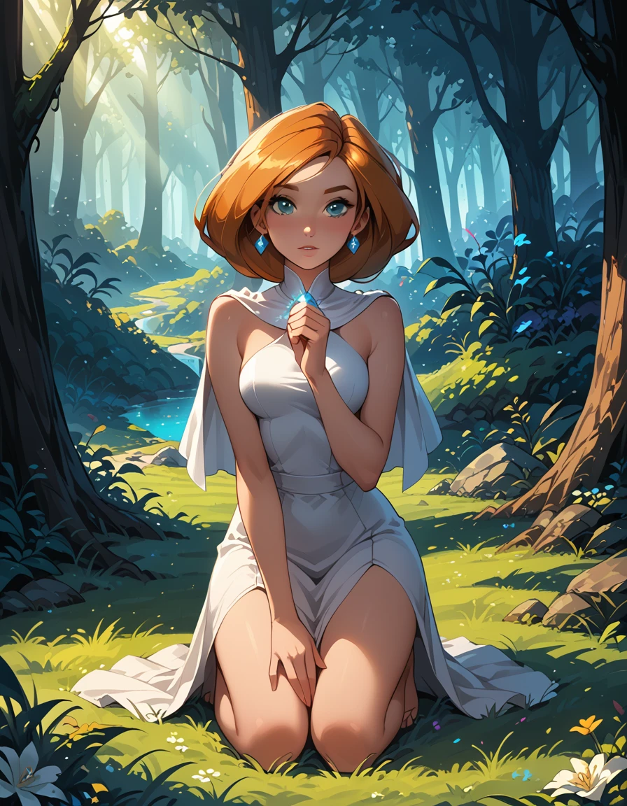 score_9, score_8_up, score_7_up, cinematic film still, 1girl, solo, very sexy kim possible, hair over shoulder, white dress, sleeveless, bare arms, bare shoulders, barefoot, capelet, a forest on the background, OverallDetail, dryad, kneeling, leaning forward, praying in beautiful mythical forest, fantasy, flower, gem, glowing, grass, light particles, sunlight, backlighting, dimly lit, expressiveh d4rk01l, perfect hands, perfect proportions.