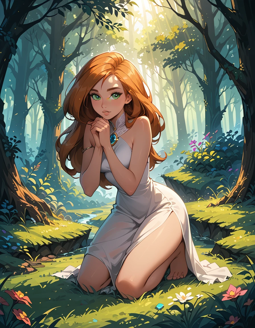 score_9, score_8_up, score_7_up, cinematic film still, 1girl, solo, very sexy kim possible, hair over shoulder, white dress, sleeveless, bare arms, bare shoulders, barefoot, capelet, a forest on the background, OverallDetail, dryad, kneeling, leaning forward, praying in beautiful mythical forest, fantasy, flower, gem, glowing, grass, light particles, sunlight, backlighting, dimly lit, expressiveh d4rk01l, perfect hands, perfect proportions.