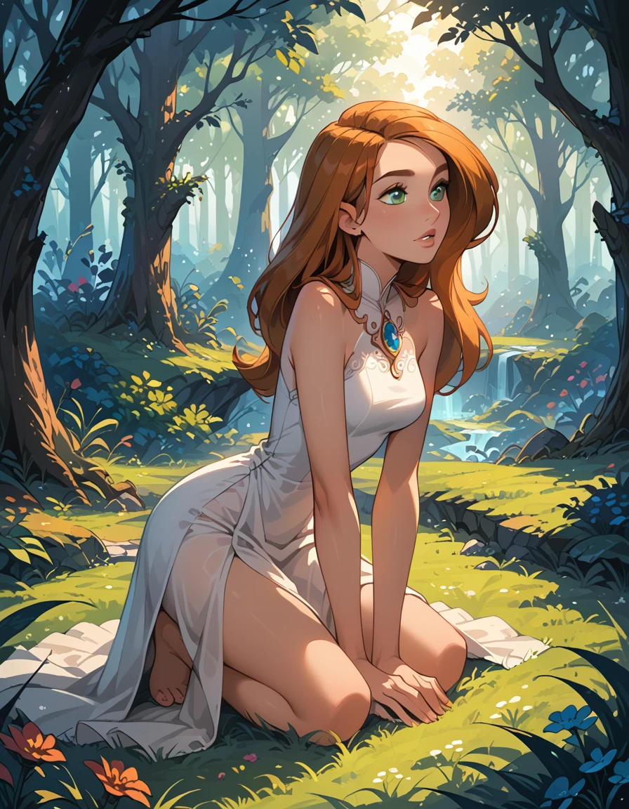 score_9, score_8_up, score_7_up, cinematic film still, 1girl, solo, very sexy kim possible, hair over shoulder, white dress, sleeveless, bare arms, bare shoulders, barefoot, capelet, a forest on the background, OverallDetail, dryad, kneeling, leaning forward, praying in beautiful mythical forest, fantasy, flower, gem, glowing, grass, light particles, sunlight, backlighting, dimly lit, expressiveh d4rk01l, perfect hands, perfect proportions.