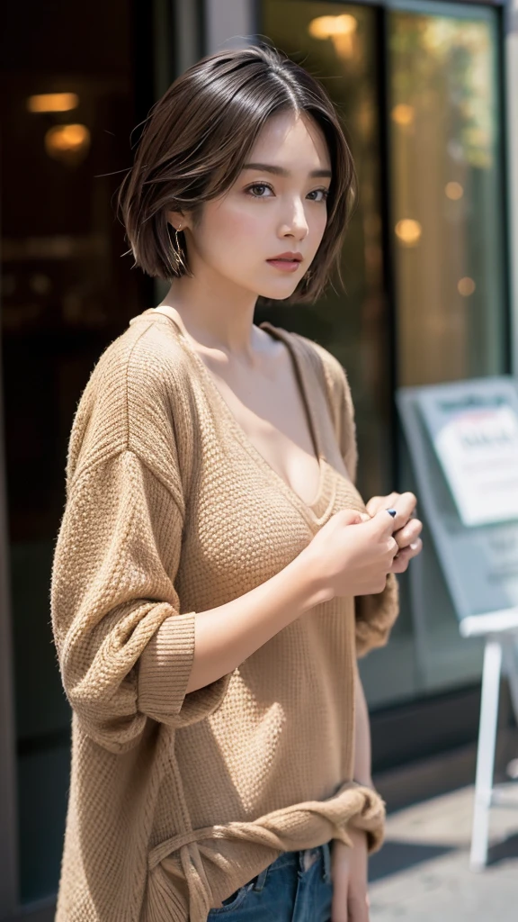 High resolution、masterpiece、Textured Skin、High image quality、超High resolution、Very detailed、woman、Take a look, Low length、Large Breasts、Anatomically correct, short hair、American casual fashion、Street Snap、