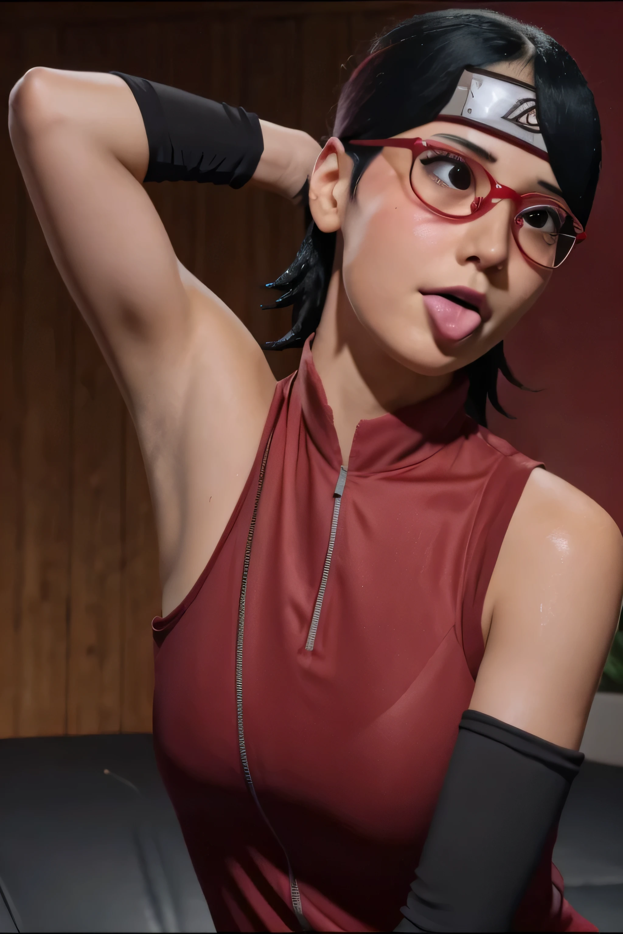(solo, 1girl, short hair, uchiha sarada, glasses, (black eyes), sarada uchiha),masterpiece, best quality, 1girl,beidoudef, moist skin, detail skin, tank top, ghibli style, (blush:1.2), (sitting:1.1), barefoot, (kawai, messy room:1.2), cowboy shot, glasses, short hair, black eyes, black hair, flowers, slim body, sweat, wet, sweat body, wet clothes, see through, on the floor, (Original, small breasts, 1girl, solo), (very detailed wallpaper) , (best quality) , (work of art) ,struggling posture, artistic dedication, very detailed illustrations, (pink lipstick) , beautiful eyes, (Delicate Face) , perfect detail, (best lighting ), (super complex details), ((Alone, Sarada Uchiha, ((black eyes)), (wearing glasses, short hair, serious facial expression), confident))