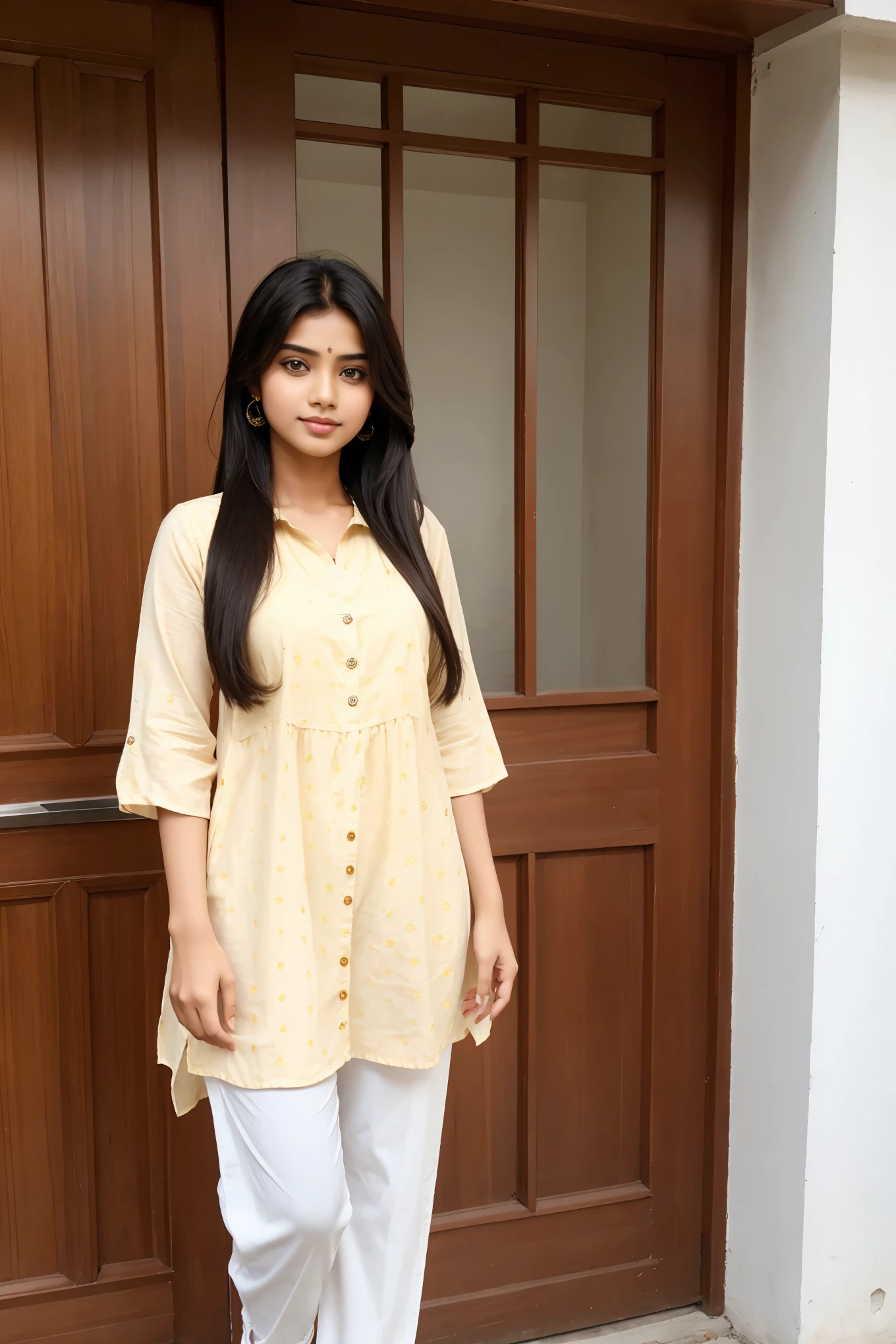 A young beautiful Pakistani woman, wearing yellow skirt, little bit chubby face, smiling, natural body posture, five fingers, ultra realistic photography,