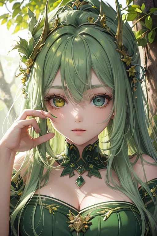 Close-up of an improved masterpiece:1.5)0.9], (Green Forest and Green Queen:1.2) (Messy green hair:1.1) (heterochromia: xanthochromia and green eyes:1.2) (Crown of greenfin plumage:1.0) (Colourful stars in the eyes:1.0) (A radiant glow:1.1) (Thick lips:0.9)Great solar lighting between the trees