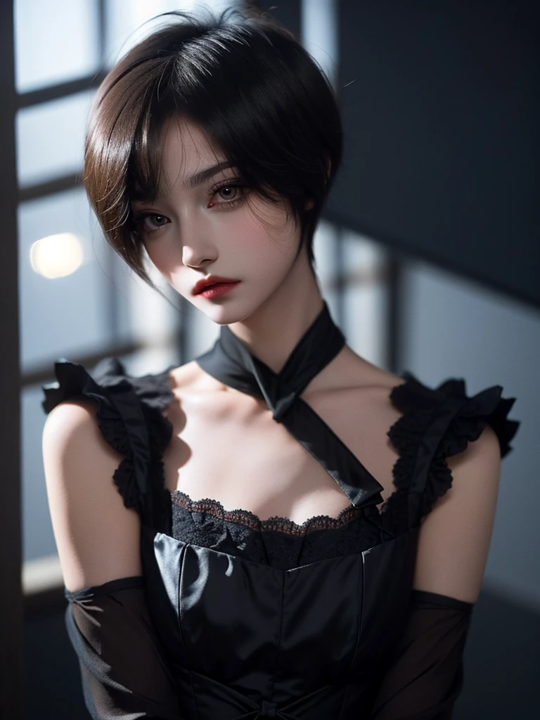 Unbeatable masterpiece, Ultra photo realsisim, Perfect artwork, Intricate details, Best quality, Strong light, (masterpiece) , (best quality) , (ultra-detailed) , illustration , Dynamic angle ,lgirl , game character portrait , colorful, beautiful detailed eyes , portrait ,colorful , translucent hair , (glowinginner hair) , the perfect appearance ,dark blue hair , green eyes , (bobcut:1.25) , smile , (black shawl:1.05) ,(Luxury clothes:1.15) , lace elbowgloves , (flat color) , (Sapphire Necklace:1.2) , (white sheath dress)(lcicle:1.4) , looking at view , (style offinal fantasy:1.15) , cowboy shot ,(chiaroscuro lighting:1.2) , (blackbackground) , ( hands onabdomen:1.25)