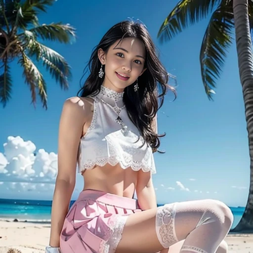 ((white shirt, beautiful skirt)),low angle,from below,((masterpiece, highest resolution,best quality)),((1girl,cute,young,semi long beautiful hair,beautiful eyes)),(solo),(walking around the beach),
innocent smile, white over-kneehighs,Lace chalker, wristband, fingerless gloves, over-kneehighs,
Lace chalker, diamond necklace,wristband, fingerless gloves, earrings, very windy,cinematic lighting, beach, sand, blue sky, waves, coconut tree,(looking at the viewer),innocent smile,cinematic lighting and pause,