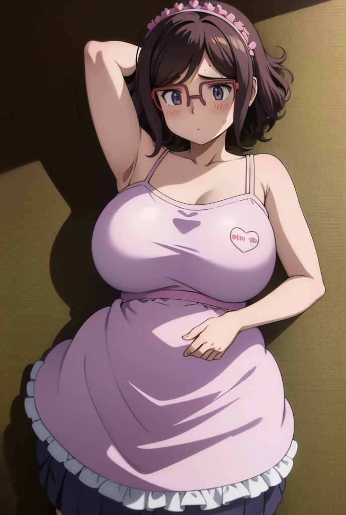 Anime girl lying on the ground holding a purple inflatable pillow, , tits, Big Breasts!!, Large Breastsを持つ, Big Breasts!,  In a dress, tits proportions, Large Breasts, Smooth anime CG art, Naughty, Very large bust, The chest is covered、SFW, Anime Cover, Anime maid riding an early tank、Glasses Girl、Nipples、Areola