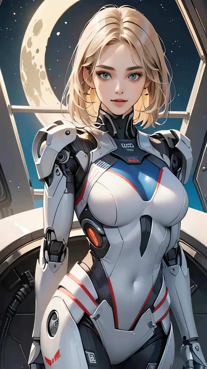 ((Highest quality)), ((masterpiece)), 8K quality, (detailed), High Resolution Skins:1.3, Realistic skin texture, full body, slim, smile, close mouth, Natural Makeup, fluffy short hair, Messy Hair, Asymmetrical bangs, Looking at Viewer, (Upper body from thighs up), sharp focus, Bust B cup, Slim figure, Beautiful eyes in every detail, realistic eye and face details, depth of field, View from the front, platinum blonde hair, green eyes, (A woman in a white robot suit poses in a spaceship with big windows), (the Moon is visible from the spaceship windows:1.2), Beautiful half-Caucasian cyborg girl, cute Cyborg Girl, Beautiful Cyborg Girl, Perfect Robot Girl, Cyborg Girl, Young cyborg woman, beautiful Female Robot, Beautiful robot woman, Cyborg Girl, Perfect cyborg woman, Porcelain Cyborg, Female Robot, Beautiful Cyborg Images, the mechanical parts are visible, wires and cables connecting shoulder, The robot suit has LED indicators and meters,