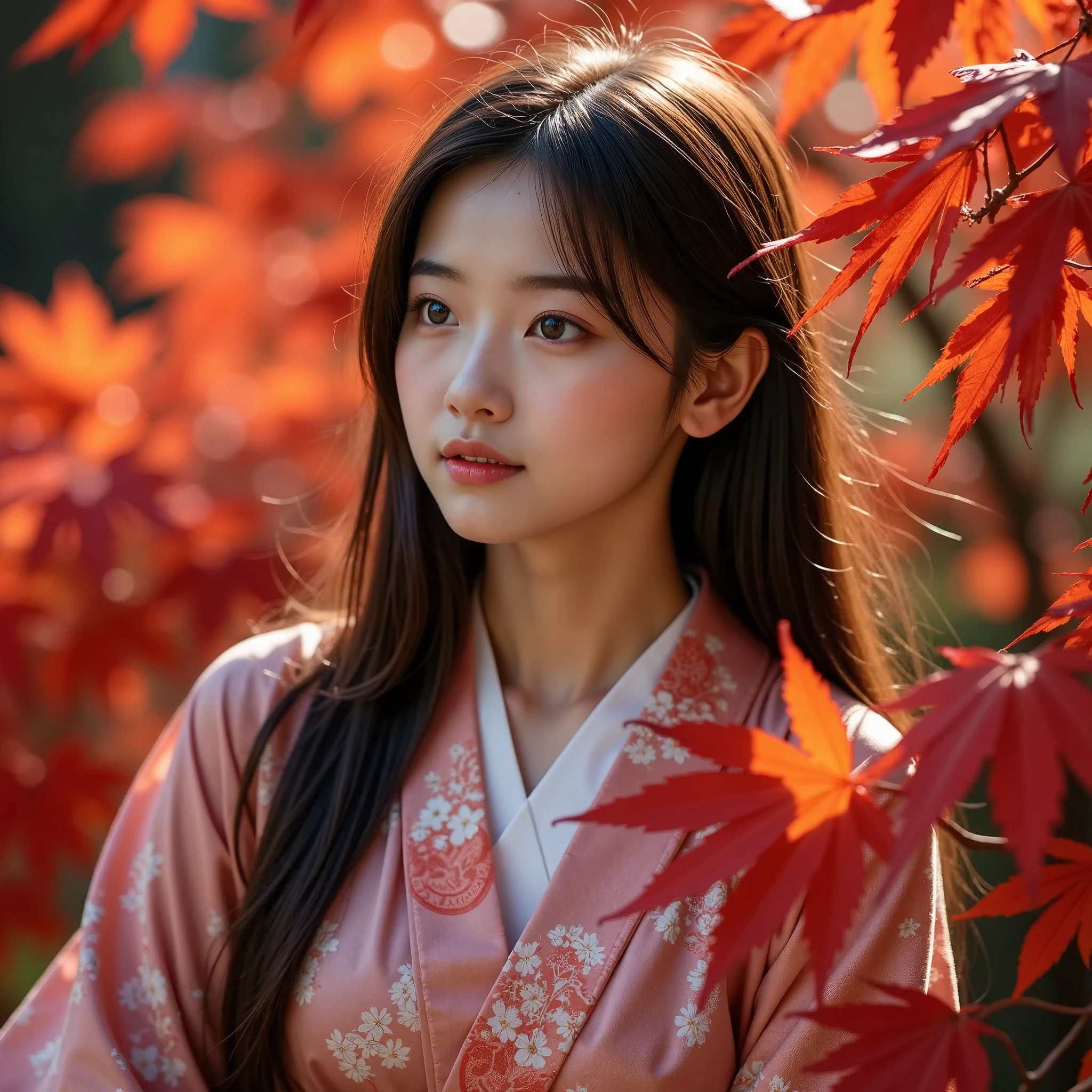 Realistic portrait of a young woman in traditional kimono, Sitting gracefully in a landscape of vibrant red maple leaves. Autumn leaves gently fluttering in the wind, Add a dynamic and poetic element to the scene. Her long hair flows gently, Her expression is calm, Staring to the side in silent thought. warm, Natural light highlights the intricate patterns on her kimono and the rich colors of the leaves., Creating a harmonious balance between Hegre and the surrounding nature. The atmosphere is calm and cinematic., Combining feminine beauty with autumn elegance

