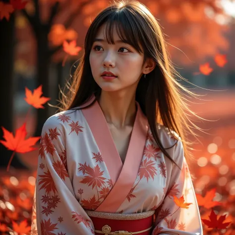 realistic portrait of a young woman in traditional kimono, sitting gracefully in a landscape of vibrant red maple leaves. autumn...