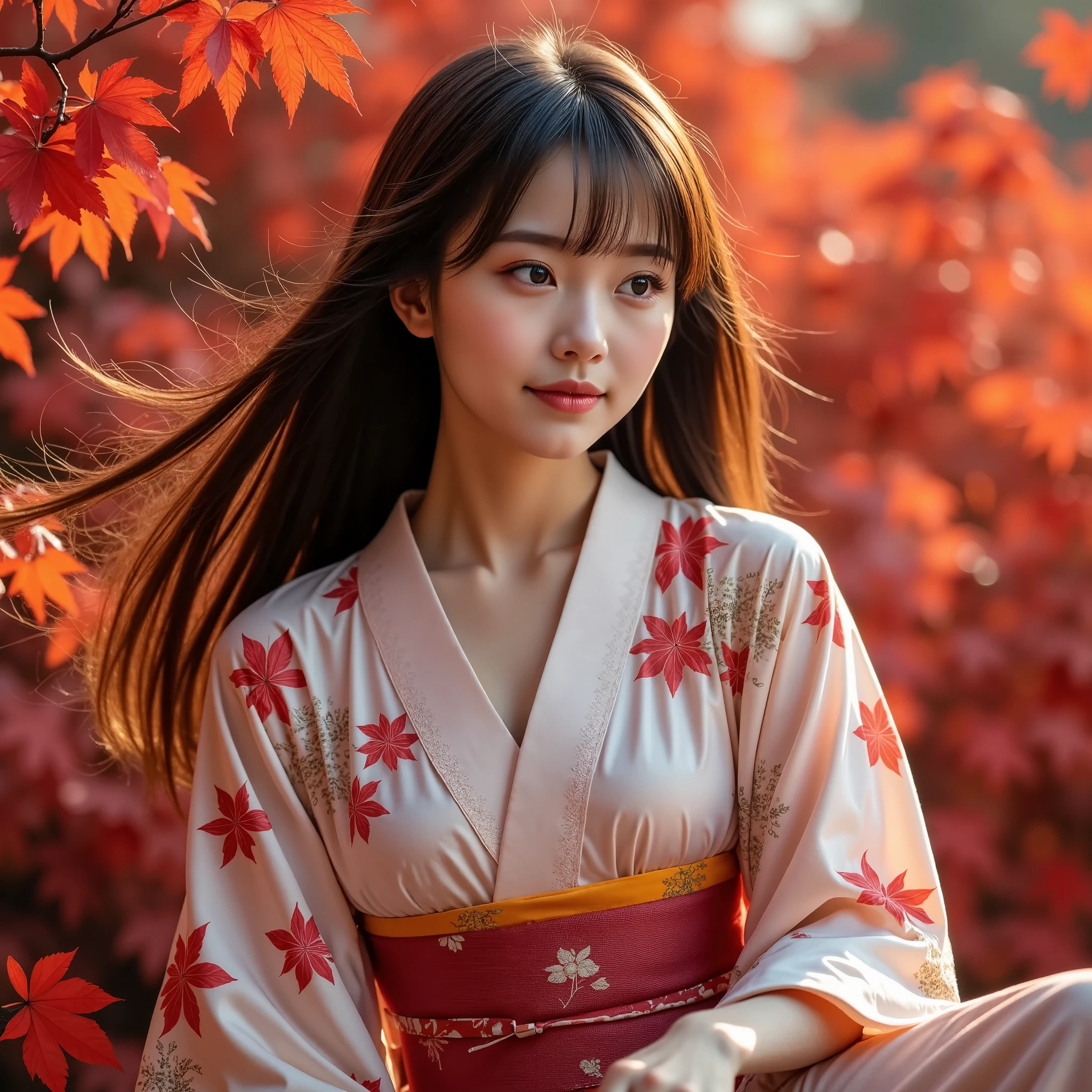 Realistic portrait of a young woman in traditional kimono, Sitting gracefully in a landscape of vibrant red maple leaves. Autumn leaves gently fluttering in the wind, Add a dynamic and poetic element to the scene. Her long hair flows gently, Her expression is calm, Staring to the side in silent thought. warm, Natural light highlights the intricate patterns on her kimono and the rich colors of the leaves., Creating a harmonious balance between Hegre and the surrounding nature. The atmosphere is calm and cinematic., Combining feminine beauty with autumn elegance

