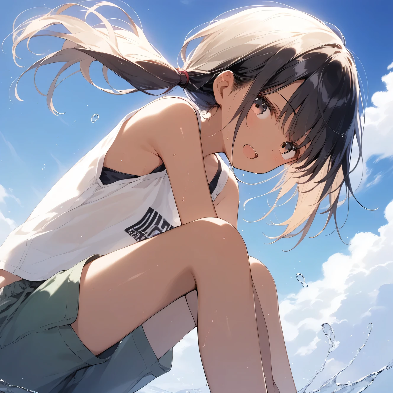 score_9, score_8_up, score_7_up, source_anime, best quality, masterpiece, official art, absurdres, highres, ultra-detailed,waifu2x,Collection: Slice of Life,break,1girl,tomboy, dark-skinned female, short hair, low ponytail, flat chest, beautiful detailed eyes, open mouth, (yawn:0.3), shorts, sweat, wind, outdoors,(Detailed Lighting), (Detailed background),break,(clear line illustration:1.2), super detailed skin,very high resolution, very aesthetic cg, Best sexual lighting powered by famous artist, 8k, 16k, cute picture,beauty illustration,photoshop_(medium),,(Detailed Lighting),best anime 8k konachan wallpaper, pixiv contest winner, ((artist:takeuchi_takashi)),