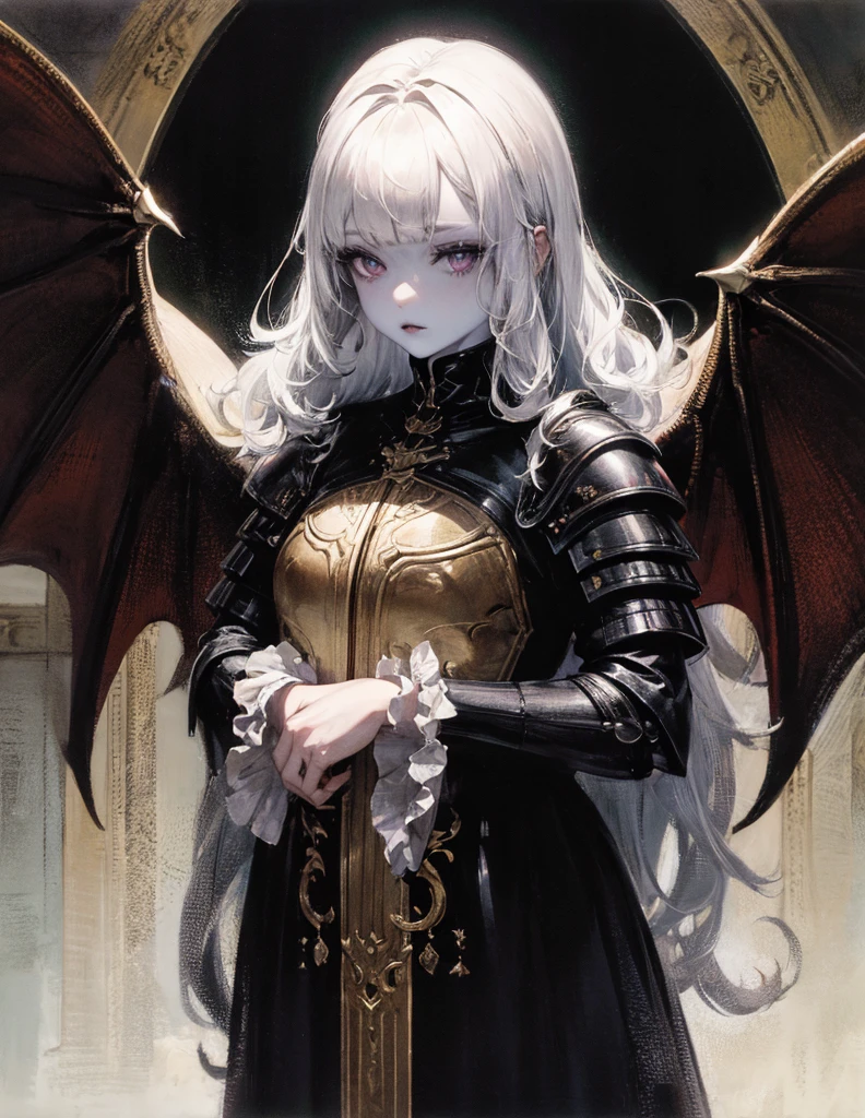 (best lighting) (best quality, masterpiece:1.2), (absurdres), 4k, (detailed eyes), (detailed face), ethereal demonic woman wearing medieval armour and bodysuit with short black hair, blunt cut bangs and ((pale white skin)). Large bat wings. Curvy. She's standing in front of an old gothic castle illuminated by a large moon over head, ((black armour)), dark, moody, ((gothic)), ((dark fantasy)), medieval