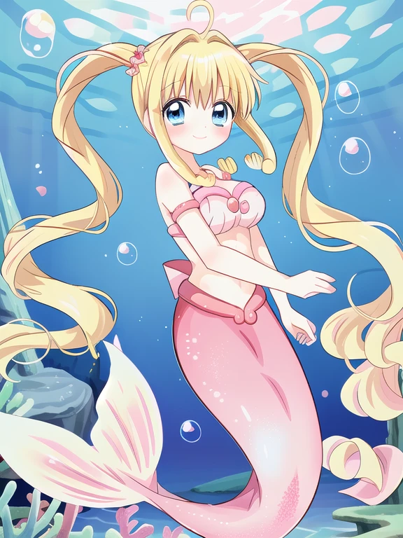 Fate mermaid Nanami Lucia / Mermaid Melody Pichi Pichi Pitch,, tall, mature, long blonde hair, long twintail hair, blue eyes, gigantic breasts, underwater sea, bubble airs, smile, red blush, looking at viewer,