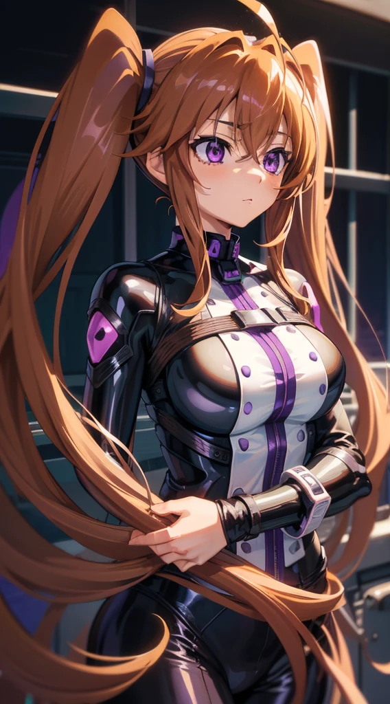 (Best Quality, masterpiece:1.2), Long brown hair, Purple eyes, Ultra-detailed eyes, Twin tails, beautiful, Shidou Irina, Medium Breast, Simple Background, standing, (Upper Body), (indoor), Bondage, dominant, evil, Elegant clothes, close.