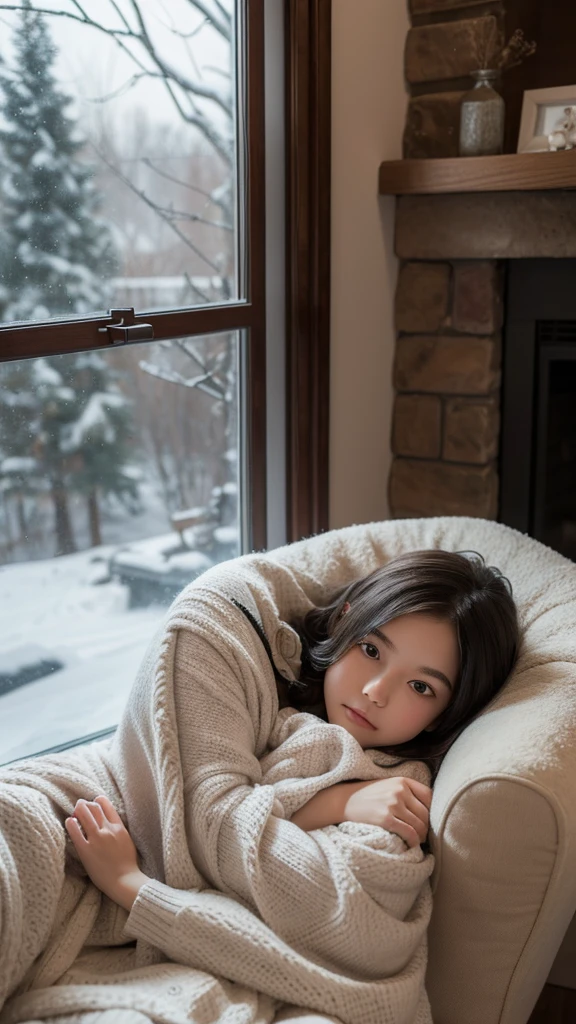 ((1 girl)),light brown bangs、straight hair、messy hair、light brown eyes、(dignified expression)、Self snap、draw the whole body、long thin legs、barefoot、correct foot、knees、clavicle、naked、house in the forest、log house、room scene、big window、it's snowing、night、sleep in bed、Healing、fireplace、(Photoreal)、(intricate details:1.2)、(masterpiece、:1.3)、(highest quality:1.4)、(Super high resolution:1.2)、Super high resolution、(detailed eye)、(detailed facial features)、16:9、8k、