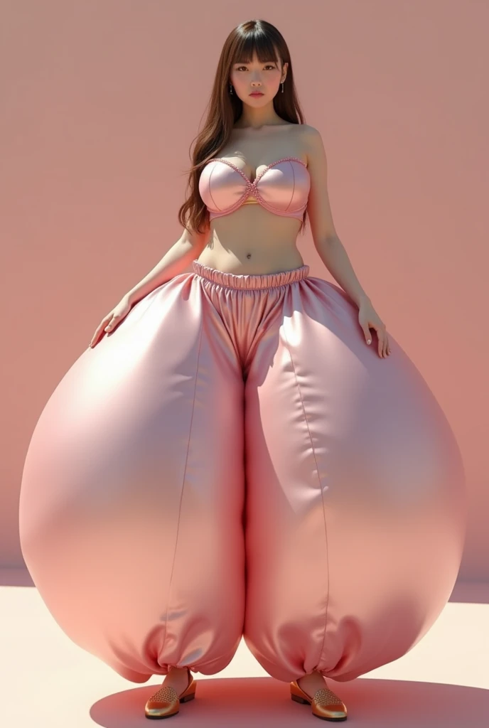 Alice, solo, fullbody, blonde long hair, blue eyes, wearing humongous inflatable satin balloon pants with her belly button exposed, dance shoes & a bra top with enormous, short, round puffy sleeves. The balloon pants are lilac and very puffy and very round and very spherical, high quality.