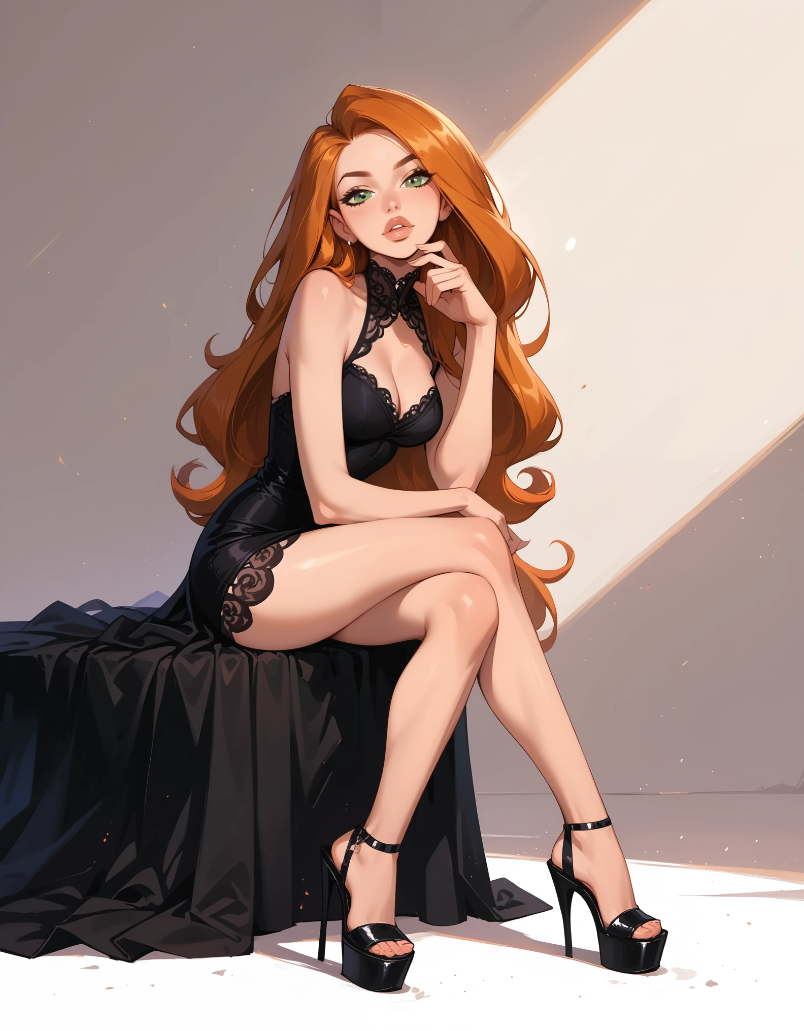 score_9,score_8_up,score_7_up, 1girl, solo, very sexy kim possible, green eyes, orange hair, long hair, perky breasts, black lace dress, short dress, wedge, confident, flirt, gaze, sexy look, head tilt, filled lips, thick lips, sitting, (full body in view:1.2), dimly lit, expressiveh d4rk01l, perfect hands, perfect proportions.