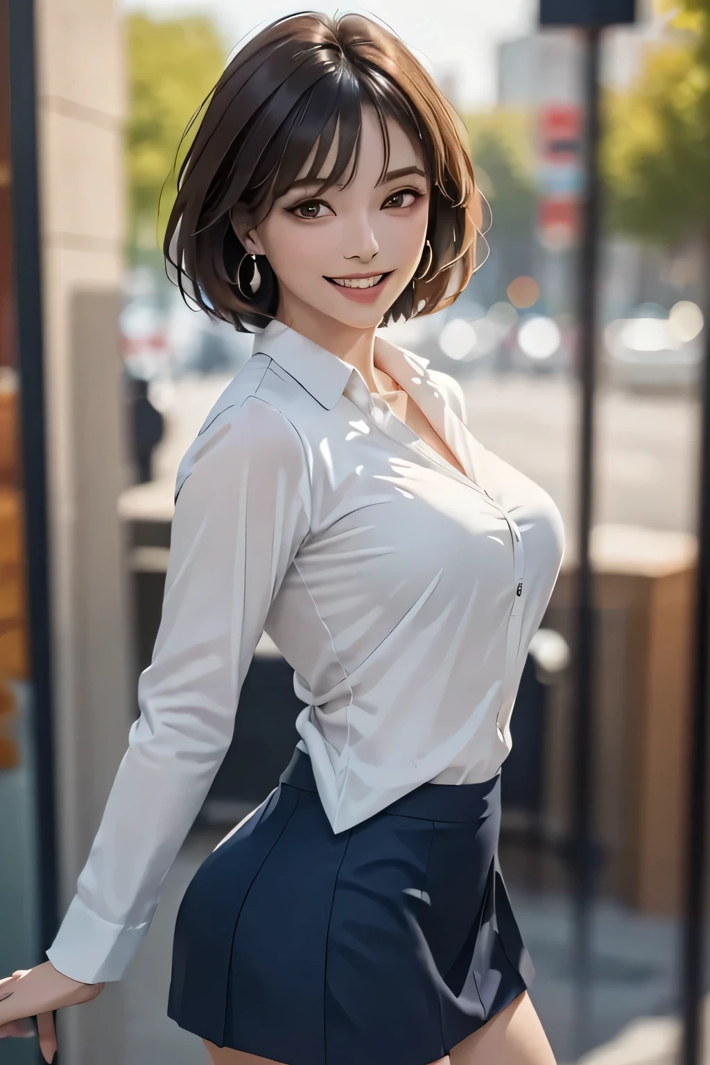(masterpiece:1.2, Best Quality), (Realistic, photoRealistic:1.4), Beautiful illustrations, (Natural Side Lighting, Cinema Lighting),
Cowboy Shot, Front View, (1 girl), middle aged, Perfect Face, double eyelid, Long eyelashes, Beautiful symmetrical face, Grin, (Sunburn, Sunburn跡),
(Bob Hair), (Missile Chest:1.2, Attractive thighs, Big Ass), Earrings,
Beautiful Hair, Beautiful Face, Beautiful attention to detail, Beautiful clavicle, Beautiful body, Beautiful breasts, Beautiful thighs, Beautiful legs, Beautiful fingers,
((Long sleeve white collared shirt, Navy Mini Skirt)),
(Beautiful views), evening, Riverside, walk, (Charming smile, Upward glance),