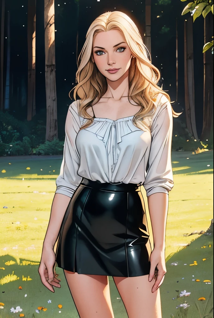 Woman, Americana, Age 30, pale skin and freckles, gray eyes, delicate nose, soft and delicate lips, far away, blondie far away and wavy waist length hair, sweet smile, face with delicate feminine facial features, highly rendered, azul blusa tricô sem mangas e gola alta, Black leather skirt, meia calça preta
