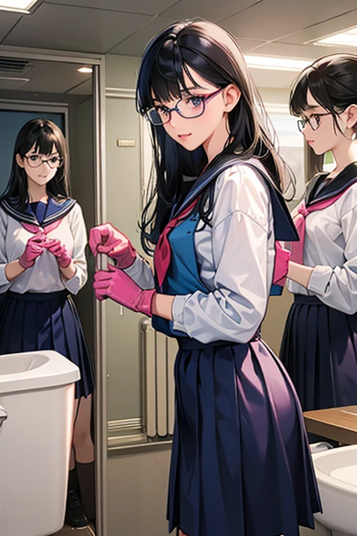 (masuter piece、hightquality)、multipel Girls、hi-school girl、Locker room in the gymnasium、(white panties)、white t-shirts、(Group Selfies)、Dark hair、Enamel gloves、Purple enamel gloves、Purple enamel gloves、long rubber gloves in purple color,,,、Glossy purple gloves、whole body soaked、long boots、boot、Nasty face、Bully、cleaning、Gloves are sticky、Getting wet with white liquid、