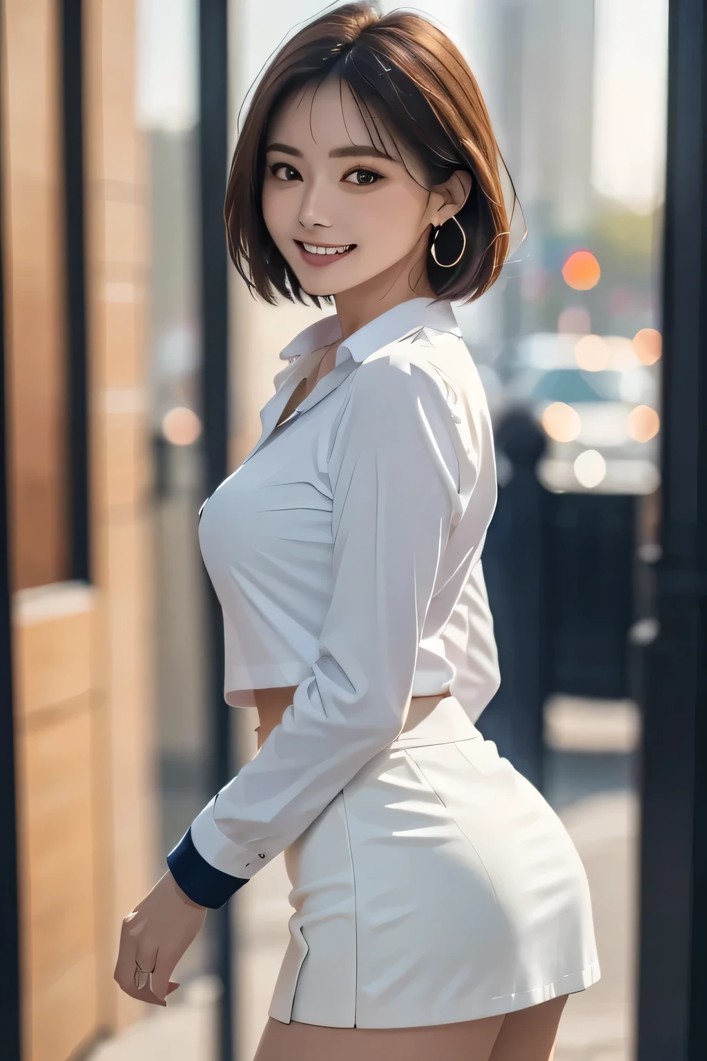 (masterpiece:1.2, Best Quality), (Realistic, photoRealistic:1.4), Beautiful illustrations, (Natural Side Lighting, Cinema Lighting),
Cowboy Shot, Front View, (1 girl), middle aged, Perfect Face, double eyelid, Long eyelashes, Beautiful symmetrical face, Grin, (Sunburn, Sunburn跡),
(Bob Hair), (Missile Chest:1.2, Attractive thighs, Big Ass), Earrings,
Beautiful Hair, Beautiful Face, Beautiful attention to detail, Beautiful clavicle, Beautiful body, Beautiful breasts, Beautiful thighs, Beautiful legs, Beautiful fingers,
((Long sleeve white collared shirt, Navy Mini Skirt)),
(Beautiful views), evening, Riverside, walk, (Charming smile, Upward glance),