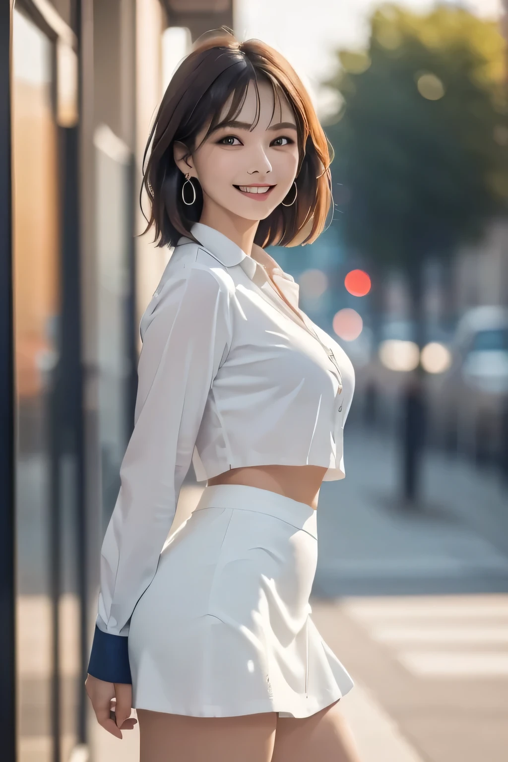 (masterpiece:1.2, Best Quality), (Realistic, photoRealistic:1.4), Beautiful illustrations, (Natural Side Lighting, Cinema Lighting),
Cowboy Shot, Front View, (1 girl), middle aged, Perfect Face, double eyelid, Long eyelashes, Beautiful symmetrical face, Grin, (Sunburn, Sunburn跡),
(Bob Hair), (Missile Chest:1.2, Attractive thighs, Big Ass), Earrings,
Beautiful Hair, Beautiful Face, Beautiful attention to detail, Beautiful clavicle, Beautiful body, Beautiful breasts, Beautiful thighs, Beautiful legs, Beautiful fingers,
((Long sleeve white collared shirt, Navy Mini Skirt)),
(Beautiful views), evening, Riverside, walk, (Charming smile, Upward glance),