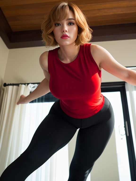 Thick redhead girl, dance class, wearing red dress for dancing