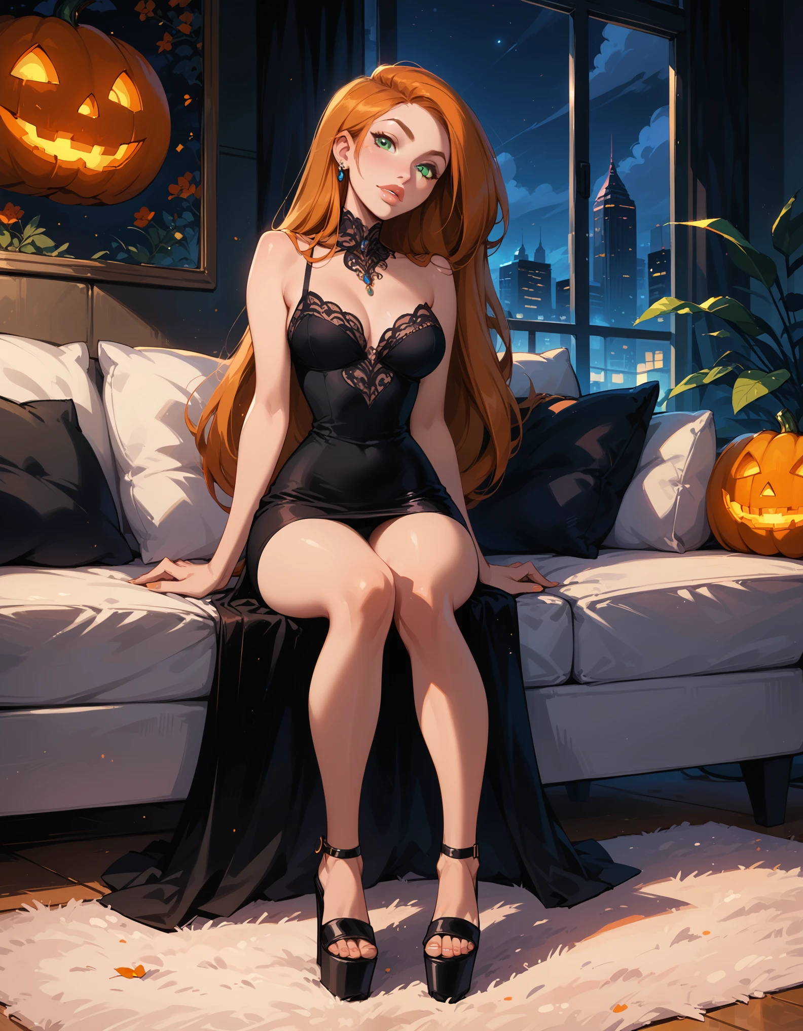 score_9,score_8_up,score_7_up, 1girl, solo, very sexy kim possible, green eyes, orange hair, long hair, perky breasts, black lace dress, short dress, wedge sandal, confident, flirt, gaze, sexy look, head tilt, filled lips, thick lips, sitting, in the living room, beautiful modern apartment, city living, Halloween theme, night, dark, (full body in view:1.2), dimly lit, expressiveh d4rk01l, perfect hands, perfect proportions.