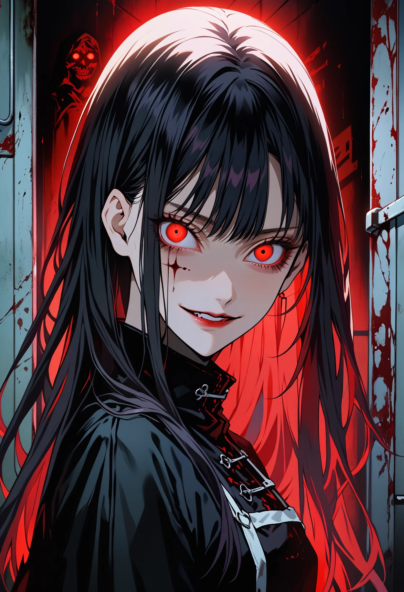 score_9, score_8_up, score_7_up, (Jujutsu kaisen style, horror), (1girl, solo), (18years old), (upper body, portrait), long hair, glowing red eyes, (gesugao  expression, sadistic smile, evil smile), (gothic style clothes, Goth girl), (looking at viewer:1.1), (indoors, hospital corridor)