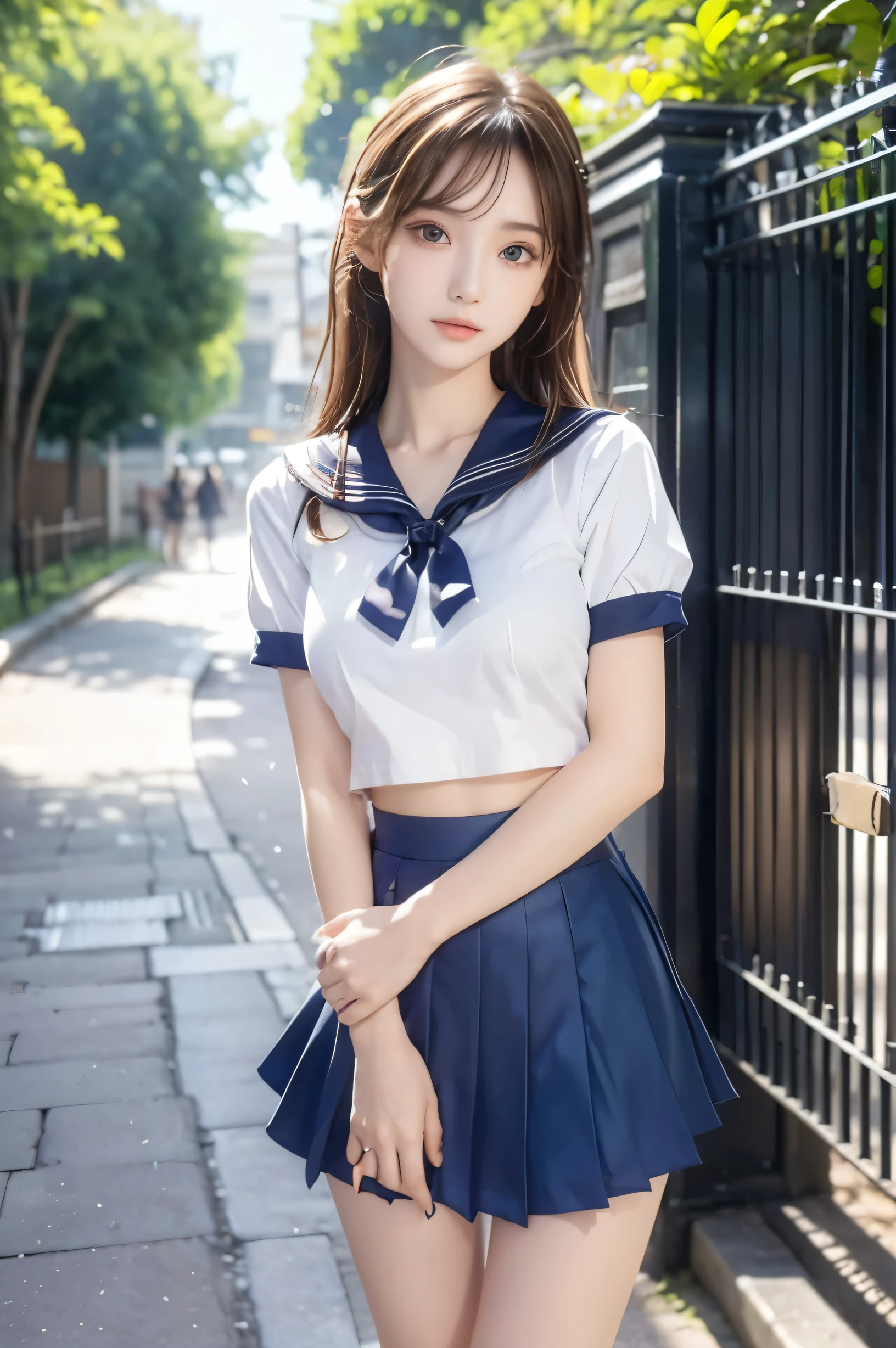 (Ultra HD), (Looking at me), (Short-sleeved sailor uniform, Navy blue mini skirt), Big Breasts, Super beautiful breasts, Slender, (Thin legs:1.2), (Thin thighs:1.2), (Thin Hips:1.4), (Beautiful Skin, Shiny skin, White skin), (Super slim face, Super beautiful face, No makeup, Smile:0.6), (Light Brown Hair, Semi-long, Layered Cut, Fluffy hair), (Big eyes:1.3, High corners of the eyes:1.6, double eyelid), (Thin eyebrows:0.1), (Small Nose:0.6), (Thin lips:0.6), Beautiful Hands, Empty-handed, Standing, In front of the school gate