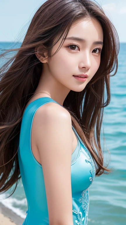 1 girl, hot summer and pure cuteness by the sea, wearing colorful deep V tulle sheer clothing, colorful surf suit, with a happy smile, surfing, water, wet, moist, sea splash effect, water splashing body, clothes reflective, standing on a surfboard,