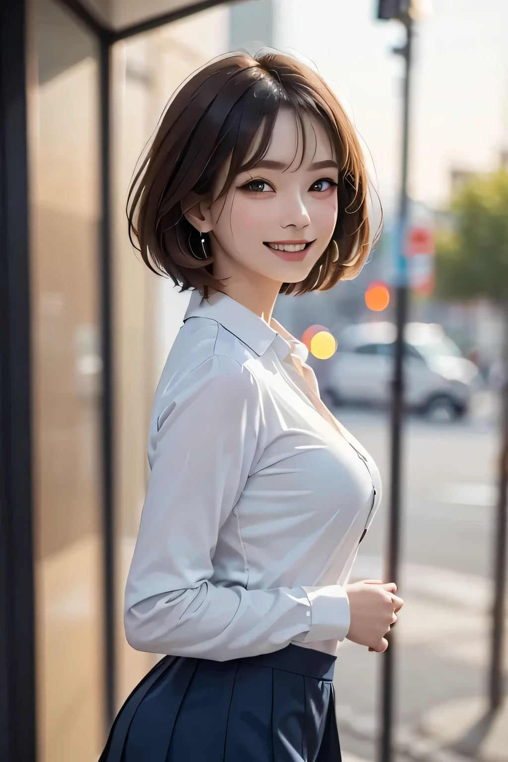 (masterpiece:1.2, Best Quality), (Realistic, photoRealistic:1.4), Beautiful illustrations, (Natural Side Lighting, Cinema Lighting),
Cowboy Shot, Front View, (1 girl), middle aged, Perfect Face, double eyelid, Long eyelashes, Beautiful symmetrical face, Grin, (Sunburn, Sunburn跡),
(Bob Hair), (Missile Chest:1.2, Attractive thighs, Big Ass), Earrings,
Beautiful Hair, Beautiful Face, Beautiful attention to detail, Beautiful clavicle, Beautiful body, Beautiful breasts, Beautiful thighs, Beautiful legs, Beautiful fingers,
((Long sleeve white collared shirt, Navy Mini Skirt)),
(Beautiful views), evening, Riverside, walk, (Charming smile, Upward glance),