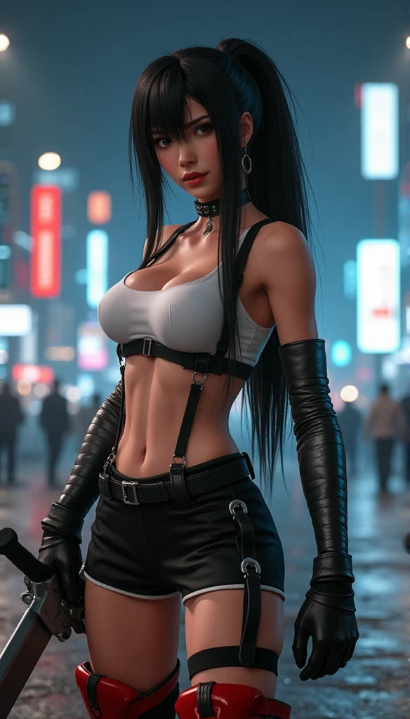 Tifa Lockhart, tifa_Lockhart, ff7, smiling face showing white teeth, white sleeveless t-shirt, mini skirt, by the wide, long eyelashes, beautiful red eyes with brightness, Surrealism, shadow, stereogram, big breasts,narrow waist,visible waist,(photorealist, realist: 1.2), to throw, atmospheric perspective, cinematic lighting, ray tracing, 8k, Super detail, Best Quality, masterpiece, well detailed, (Canon EOS R6, 135mm, 1/1250, f/2.8, ISO 400:0.9), cyberpunk, neon, neon signs, ramen shops