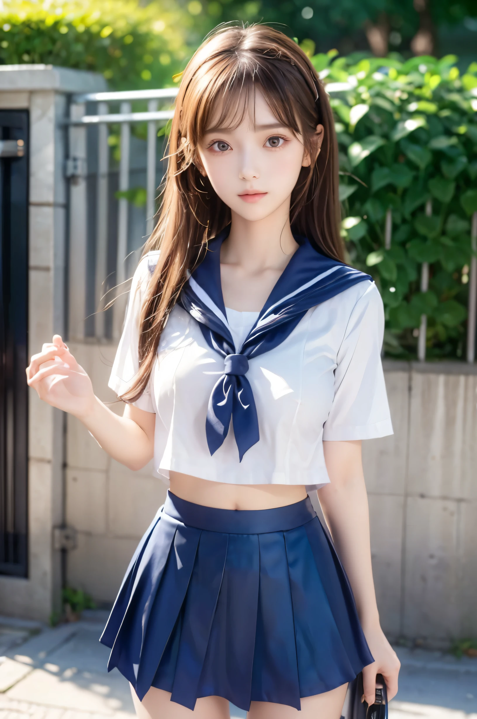 (Ultra HD), (Looking at me), (Short-sleeved sailor uniform, Navy blue mini skirt), Big Breasts, Super beautiful breasts, Slender, (Thin legs:1.2), (Thin thighs:1.2), (Thin Hips:1.4), (Beautiful Skin, Shiny skin, White skin), (Super slim face, Super beautiful face, No makeup, Smile:0.6), (Light Brown Hair, Semi-long, Layered Cut, Fluffy hair), (Big eyes:1.3, High corners of the eyes:1.6, double eyelid), (Thin eyebrows:0.1), (Small Nose:0.6), (Thin lips:0.6), Beautiful Hands, Empty-handed, Standing, In front of the school gate