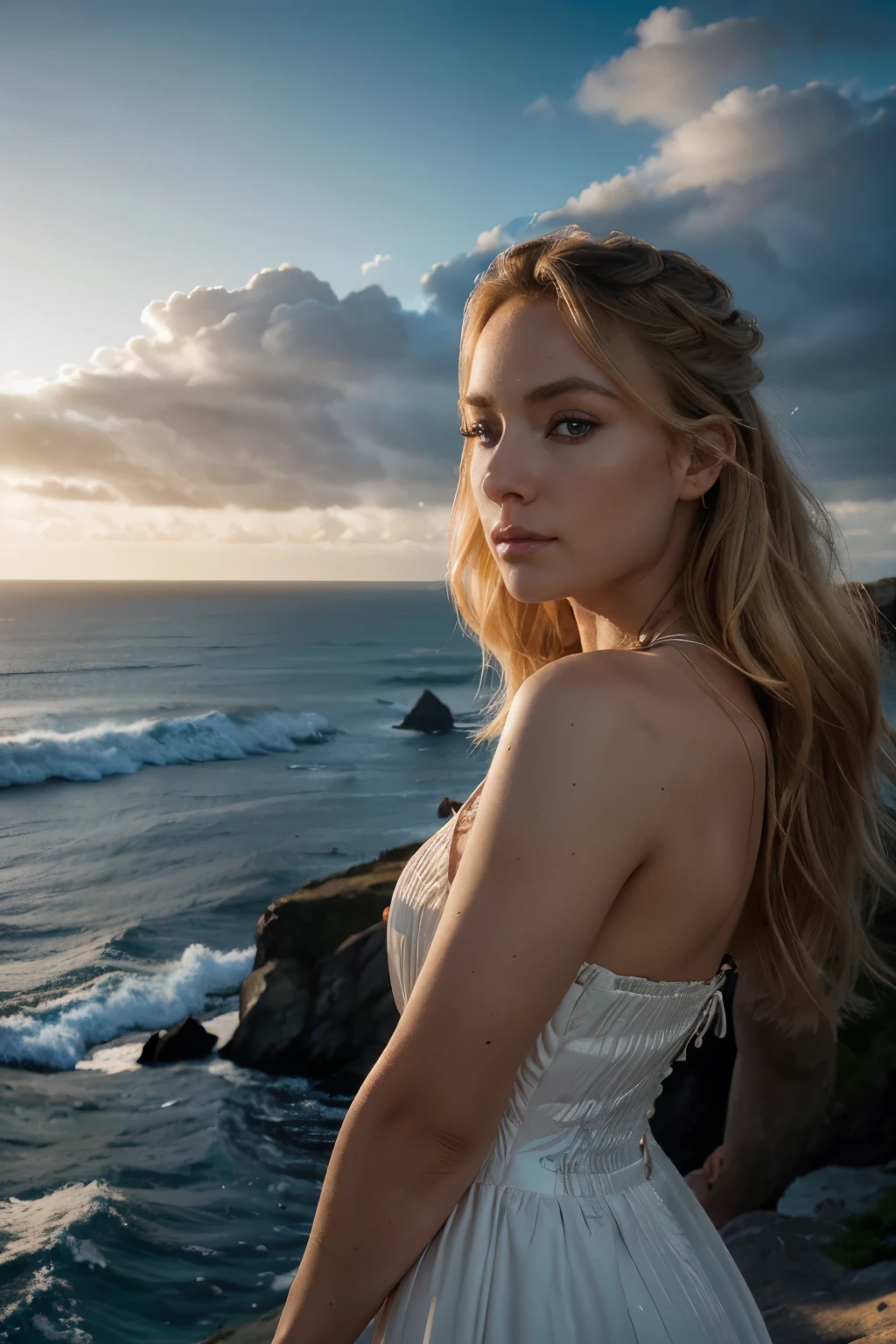 beautiful blonde girl in elegant high fashion dress,1girl, beautiful detailed eyes,beautiful detailed lips,extremely detailed eyes and face,longeyelashes, standing on cliffs overlooking the ocean,new zealand scenery, dramatic lighting,cinematic,photorealistic, intricate details, highly detailed, (best quality,8k,highres,masterpiece:1.2),ultra-detailed,(realistic,photorealistic,photo-realistic:1.37),dramatic lighting,volumetric lighting,cinematic camera angle,dramatic sky,detailed clouds,dramatic ocean waves,moody atmosphere,vibrant colors