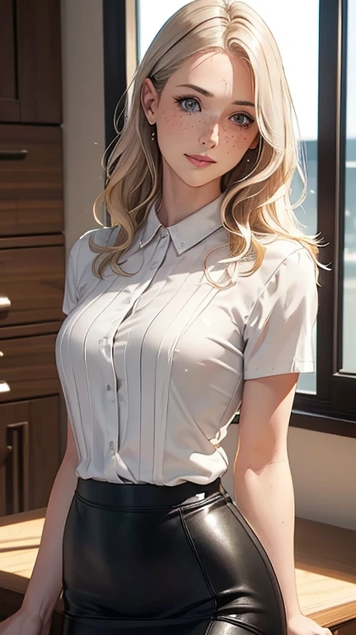 Woman, Americana, Age 30, pale skin and freckles, gray eyes, delicate nose, soft and delicate lips, far away, blondie far away and wavy waist length hair, sweet smile, face with delicate feminine facial features, highly rendered, tight shirt and Black leather skirt, sentada em pose dinâmica.