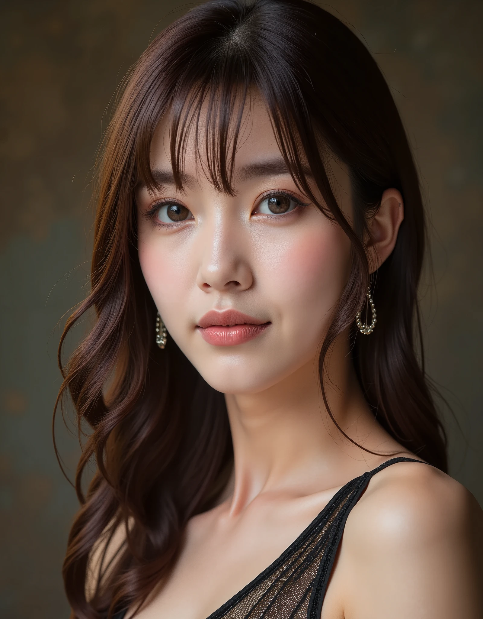 (masterpiece, best quality:1.4), beautiful face, 8k, 85mm, absurdres, violaceaess, gardeniass, looking at viewer, (close up face:1.2), girl, solo, strapless dress, earrings, necklace, upper body, dynamic lighting, cinematic lighting, elegance, sophisticated, graceful room, modern, film grain, chromatic aberration, sharp focus, facelight, sophisticated, (smile:0.6), simple background, bokeh background, [:detail face:10]