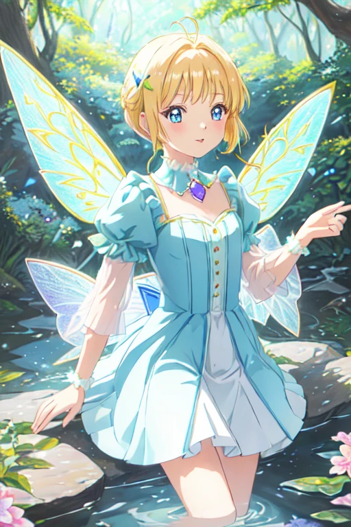 ((style:Colored pencil,Bright colors)),(anime)、(masterpiece:1.2),In the woods、Transparent and sparkling fairy wings、Fairy Girl、blonde、blue eyes、Hair Accessories、stream