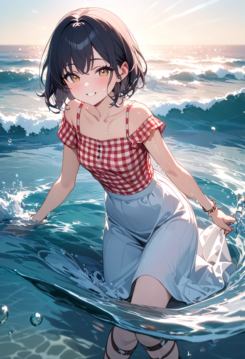 (8k, Best Quality, masterpiece: 1.2),Ultra-high resolution, 1 person, cute, solo ,Small breasts, Highly detailed face, White long skirt, The top is a red gingham check camisole.ソール, Short sleeve, White long skirt, The top is a red gingham check camisole., 白色のShort sleeve, Gladiator Sandals, sea, Date, Pure white long skirt, Short sleeve, Lots of water, Water Play, Waist-deep in water, Childlike, Bright smile, 