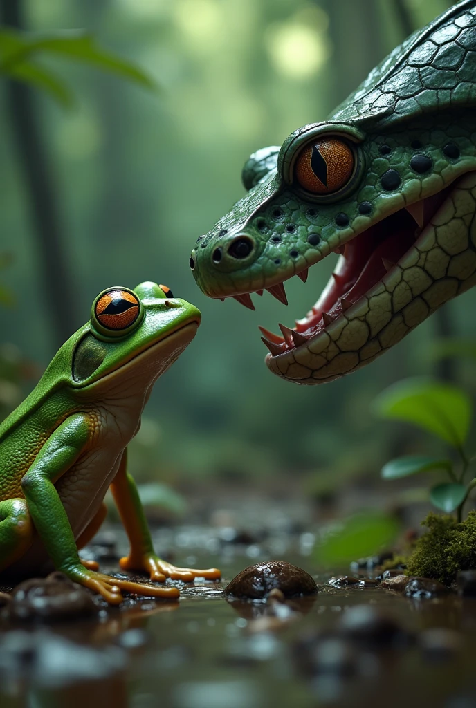 （High image quality、4K、8k、High definition）、（frog）and（Big snake）A standoff、（frog）With a tense expression,（Big snake）Point to、Close-up、Powerful theater scene、迫りくるfrogの恐怖、Open your mouth、今にもfrogを食べようandしている、The powerful face of a snake、Happenings in the forest、Comical pictures、Comedy touch、high quality３D Animation、Realistic３D Quality
