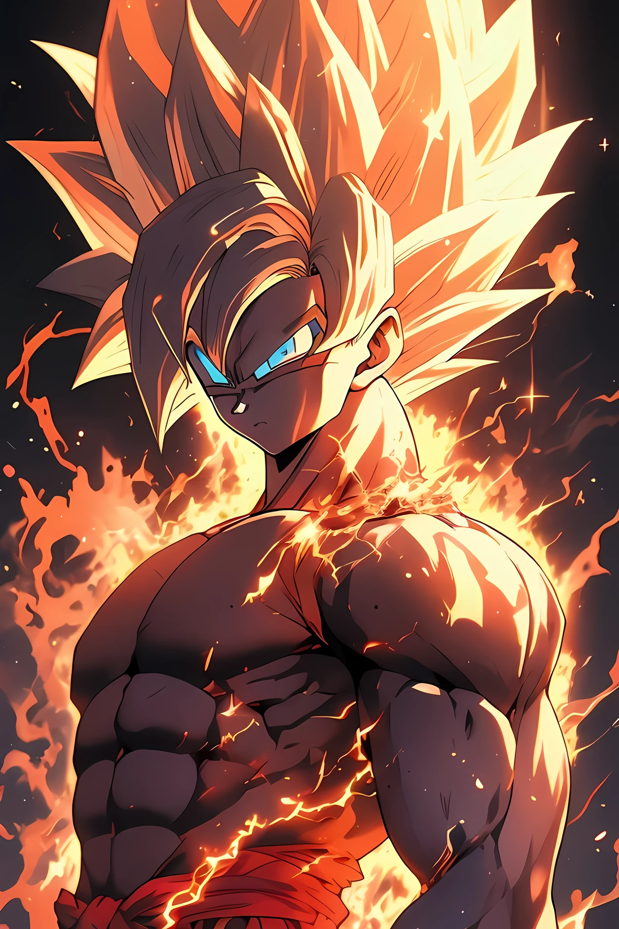 A anime boy in Super Saiyan 2 with detailed muscle , body, eyes , hair, detailed background and digital art, in Super Saiyan form , golden yellow spiky hair and eyebrows, lightning sparkling around body, hd clear background , full body image, 