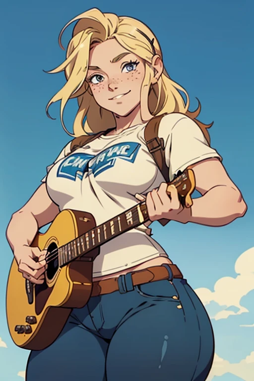 1girl, (solo:1.2), (standing:1.3), (freckles:1.2), (posing for the camera:1.3), (cowboy shot:1.5), smile, happy, playing guitar, (masterpiece:1.3), (best quality:1.3), (perfect anatomy:1.4), highly detailed, vibrant colors, warm palette, expressive, solid shading, clean lineart, beautiful face, beautiful eyes, (curvy:1.4), long blonde hair, (casual attire:1.5), shirt, loose fit, (small town:1.3), street, daylight, blue sky, (anime style:1.3)