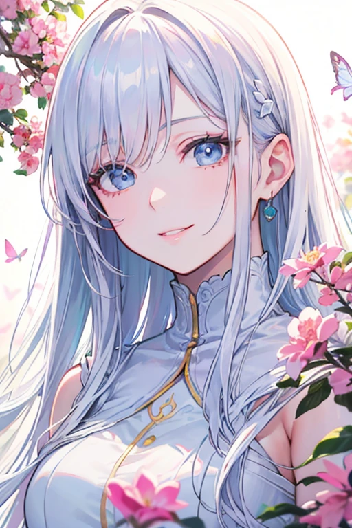 ((highest quality)), ((masterpiece)), (Get used to it), Perfect Face , masterpiece、highest quality、High resolution、High-quality images、8k, 1 female、Skin Radiance、Texture of skin and clothing、Expression of fine eyes、shiny silver hair,Girl with long braided hair, Manga inspired by Lee Jong-suk, Trending on deviantart, realism, detailed manga style, Manga art style, Perfect Line Drawing, Beautiful line art, digital manga art girl, K-POPアイドル, beautiful silver eyes, Lips become thicker, Gorgeous face with attention to detail, (Cute Smile), charm, Innocent, Side view, (Perfectly detailed face), (Beautiful Hands) Photorealistic images, Written boundary depth, 20th Generation ,beautiful girl , White roses , Lace dress , Medium Chest , protruding shoulders , I can see her cleavage , White roses , There are lots of white roses in the background. ,